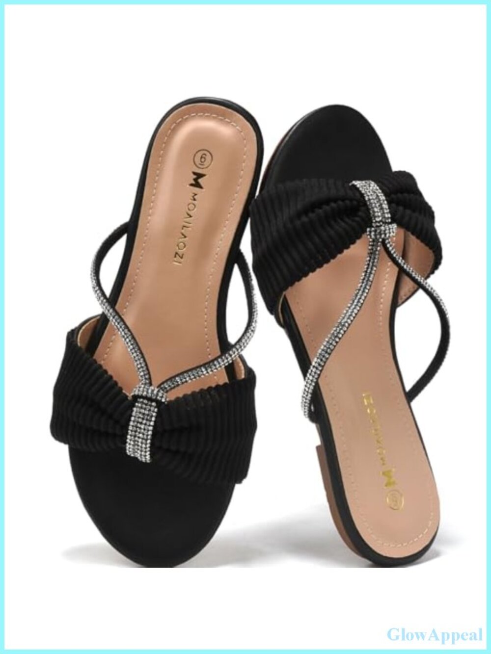 Rhinestone Strappy Slide Sandals Memory Foam Faux Leather Open Toe Flats